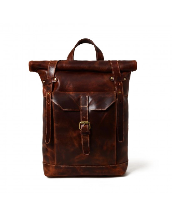 Brown Saddleback Backpack- Roll Top