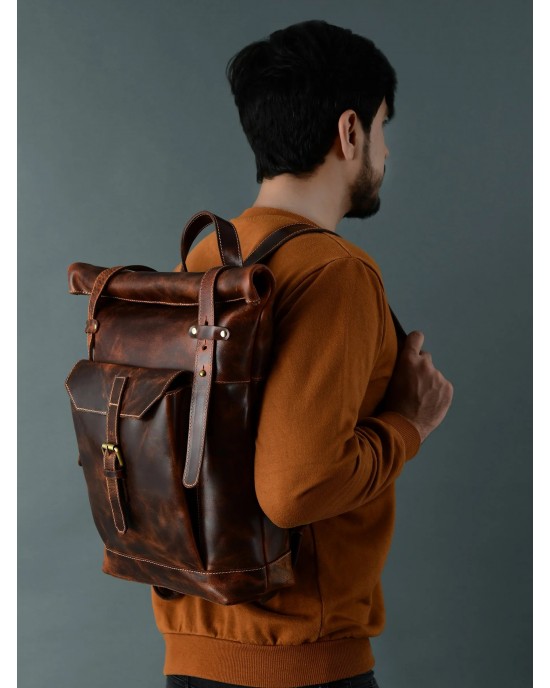 Brown Saddleback Backpack- Roll Top