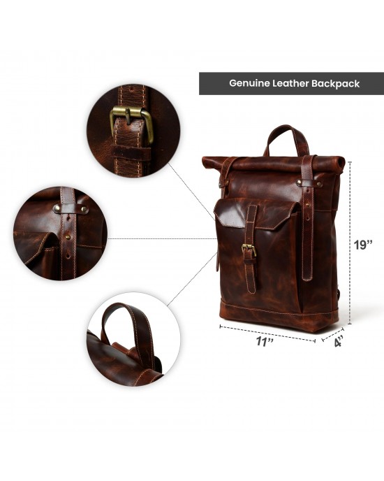 Brown Saddleback Backpack- Roll Top