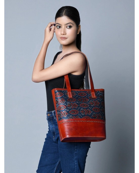 Neela Ajrakh Leather Tote Bag