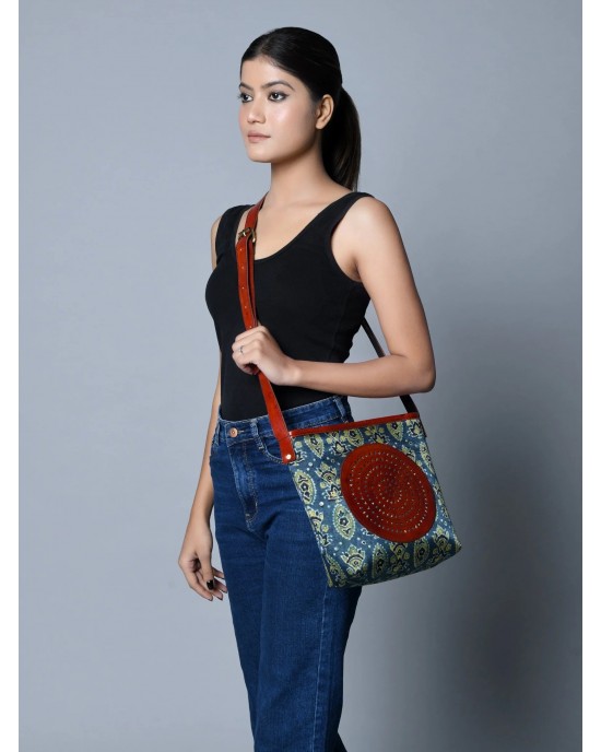 Neela Ajrakh Leather Tote Bag