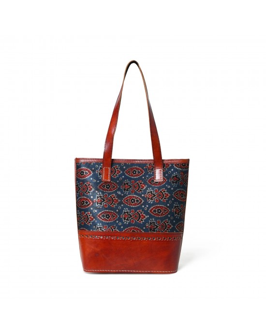 Neela Ajrakh Leather Tote Bag