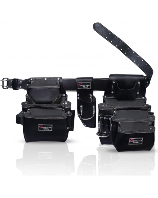 Rising Star 18-Pocket Heavy Duty Leather Tool Belt – Oil-Tanned Utility Tool Pouch with Hammer Holder, Adjustable Waist Tool Bag for Carpenters, Electricians, Construction Workers