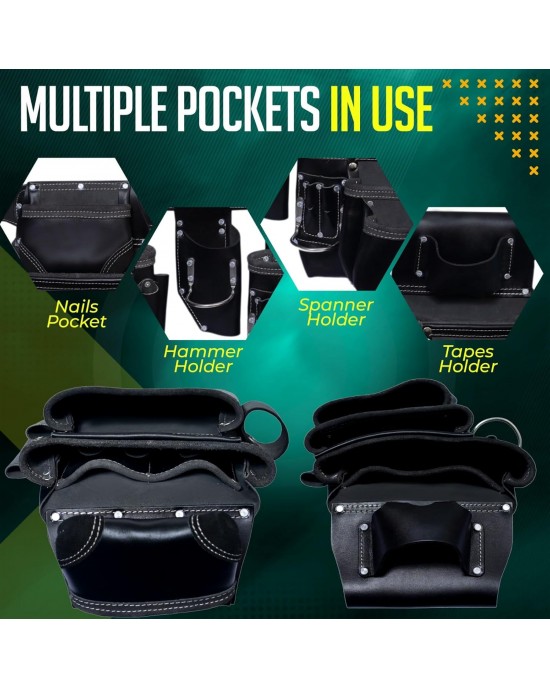 Rising Star 18-Pocket Heavy Duty Leather Tool Belt – Oil-Tanned Utility Tool Pouch with Hammer Holder, Adjustable Waist Tool Bag for Carpenters, Electricians, Construction Workers