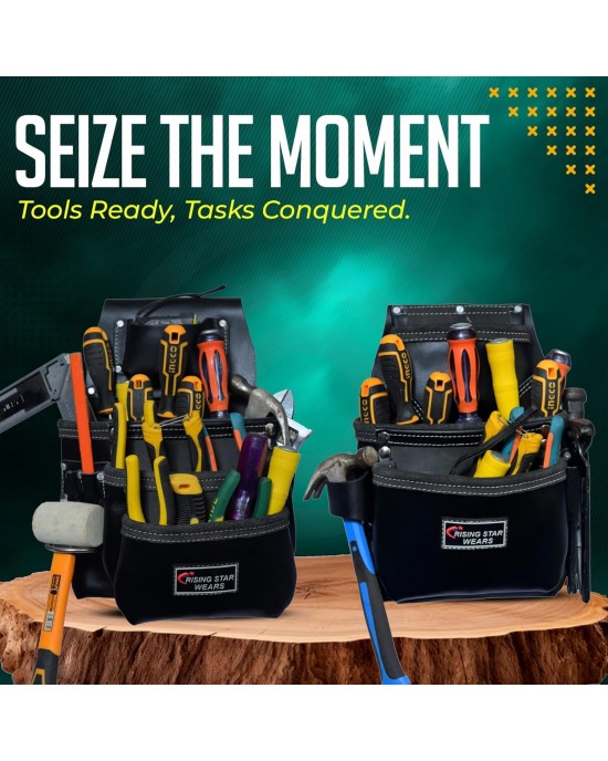 Rising Star 18-Pocket Heavy Duty Leather Tool Belt – Oil-Tanned Utility Tool Pouch with Hammer Holder, Adjustable Waist Tool Bag for Carpenters, Electricians, Construction Workers