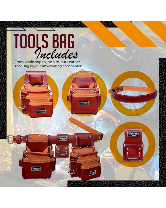 Rising Star Wears Pure Oil Tanned Leather Tool Belt Pouch Perfect For Carpenters, Plumbers, Electricians, Gardeners And Construction Workers Multipurpose 18 Pockets Pouch With Framing Tool Bags