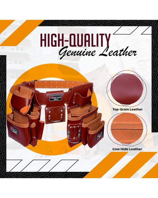 Rising Star Wears Pure Oil Tanned Leather Tool Belt Pouch Perfect For Carpenters, Plumbers, Electricians, Gardeners And Construction Workers Multipurpose 18 Pockets Pouch With Framing Tool Bags