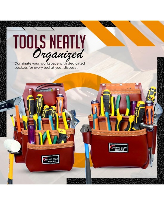 Rising Star Wears Pure Oil Tanned Leather Tool Belt Pouch Perfect For Carpenters, Plumbers, Electricians, Gardeners And Construction Workers Multipurpose 18 Pockets Pouch With Framing Tool Bags