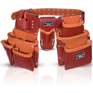 Leather Tool Pouch, Tool Organizer, Premium Tool Bag for Carpenter, Construction, Electrician Crafted from Full Grain Leather, 19 Pocket Brown Tool Rig