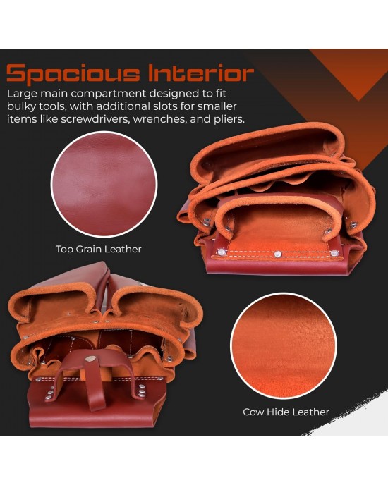 Leather Tool Pouch, Tool Organizer, Premium Tool Bag for Carpenter, Construction, Electrician Crafted from Full Grain Leather, 19 Pocket Brown Tool Rig