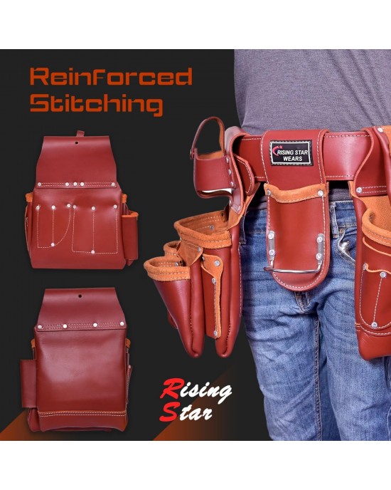 Leather Tool Pouch, Tool Organizer, Premium Tool Bag for Carpenter, Construction, Electrician Crafted from Full Grain Leather, 19 Pocket Brown Tool Rig