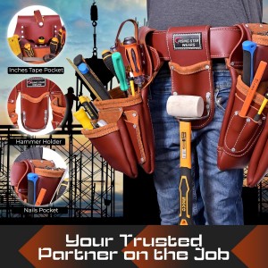 Leather Tool Pouch, Tool Organizer, Premium Tool Bag for Carpenter, Construction, Electrician Crafted from Full Grain Leather, 19 Pocket Brown Tool Rig