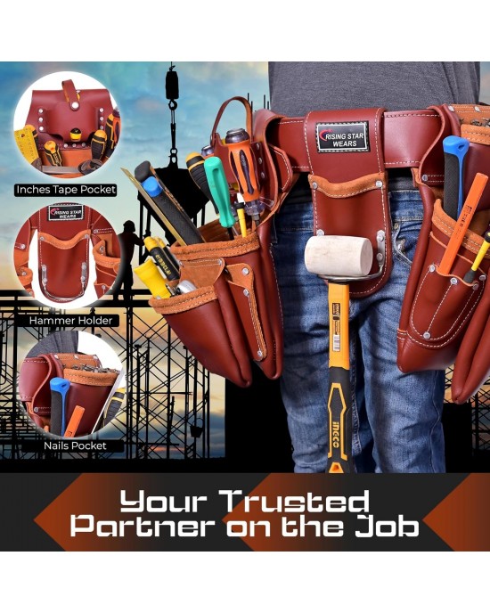 Leather Tool Pouch, Tool Organizer, Premium Tool Bag for Carpenter, Construction, Electrician Crafted from Full Grain Leather, 19 Pocket Brown Tool Rig