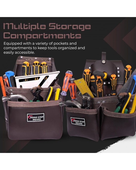 100% Leather Electrician Tool Pouch with Adjustable Belt,Stylish Tool Bag for Waist with 19 Pockets, Perfect for Carpenters,Plumbers, Electricians,Craftsmen,and Handymen