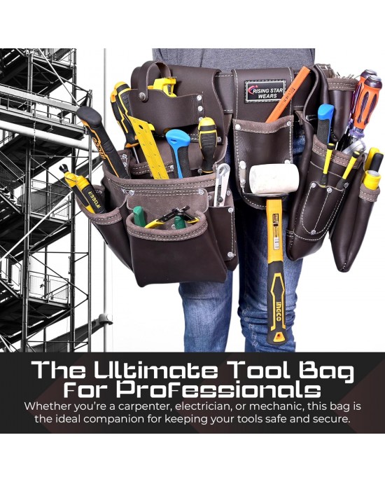 100% Leather Electrician Tool Pouch with Adjustable Belt,Stylish Tool Bag for Waist with 19 Pockets, Perfect for Carpenters,Plumbers, Electricians,Craftsmen,and Handymen