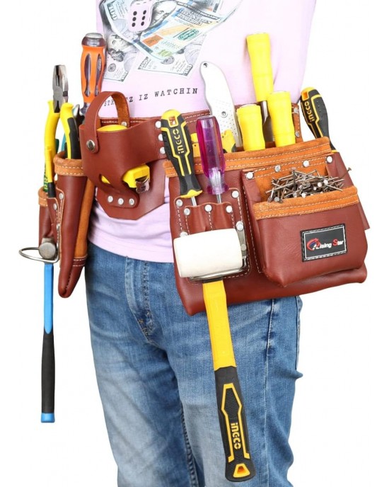 Rising Star Pro-230 100% Genuine Leather Tool Belt Pouch| Heavy Duty Belt For Carpenter,handy Man & Women, Electrician,plumbers, Construction Workers,gardner, Landscaper,maintenance Workers.