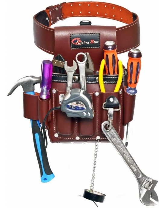 Rising Star Wears-11 Pockets Maroon 100% Oil-tanned Grain Leather,electrician Tool Pouch, Tape Measure,screwdriver,hammer & Pliers Organizer,ideal For Carpenter,plumber,framer & Construction Worker