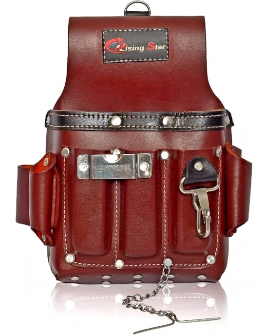 Rising Star Wears-11 Pockets Maroon 100% Oil-tanned Grain Leather,electrician Tool Pouch, Tape Measure,screwdriver,hammer & Pliers Organizer,ideal For Carpenter,plumber,framer & Construction Worker