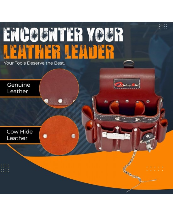 Rising Star Wears-11 Pockets Maroon 100% Oil-tanned Grain Leather,electrician Tool Pouch, Tape Measure,screwdriver,hammer & Pliers Organizer,ideal For Carpenter,plumber,framer & Construction Worker