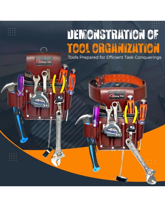 Rising Star Wears-11 Pockets Maroon 100% Oil-tanned Grain Leather,electrician Tool Pouch, Tape Measure,screwdriver,hammer & Pliers Organizer,ideal For Carpenter,plumber,framer & Construction Worker