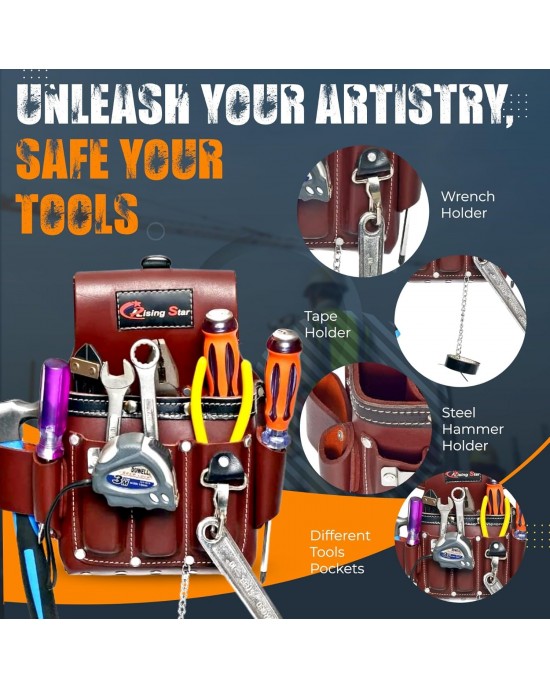 Rising Star Wears-11 Pockets Maroon 100% Oil-tanned Grain Leather,electrician Tool Pouch, Tape Measure,screwdriver,hammer & Pliers Organizer,ideal For Carpenter,plumber,framer & Construction Worker