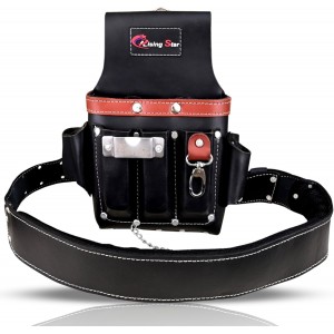 Rising Star 100% Black Electrician Leather Tool Pouch With Adjustable Belt, Tool Holder For Nails, Hammer,wrench,pliers,tape Measure,ideal Tool Pouch For Craftsmen, Carpenters,farmers (11 Pockets)