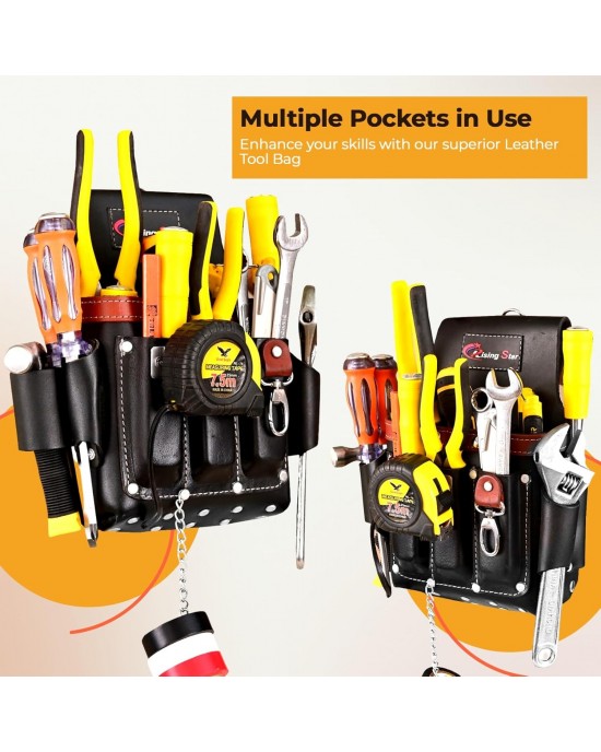 Rising Star 100% Black Electrician Leather Tool Pouch With Adjustable Belt, Tool Holder For Nails, Hammer,wrench,pliers,tape Measure,ideal Tool Pouch For Craftsmen, Carpenters,farmers (11 Pockets)